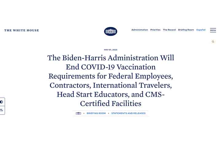 Trecho do site da Casa Branca que diz que comprovante de vacina não será mais obrigatório para entrar nos Estados Unidos